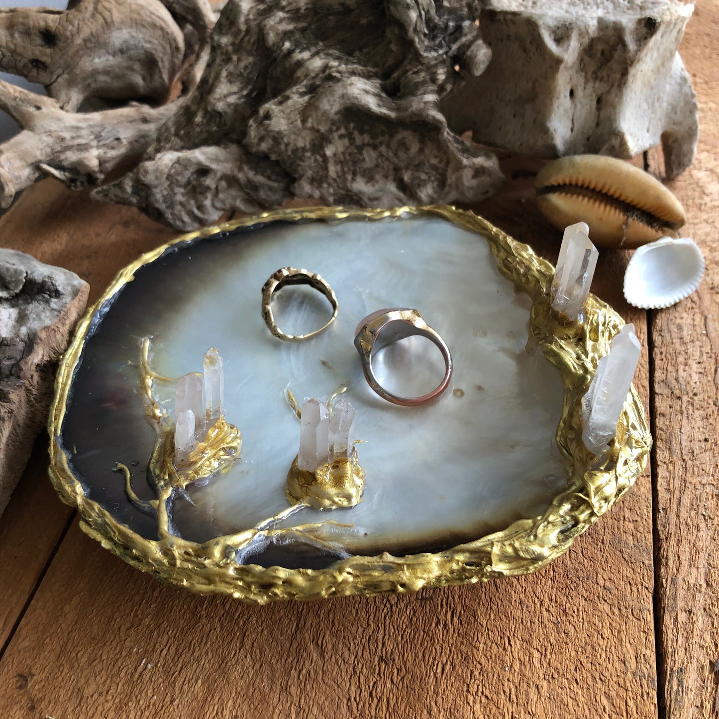 Large Gold Natural Quartz Crystal Shell Trinket Dish With Base