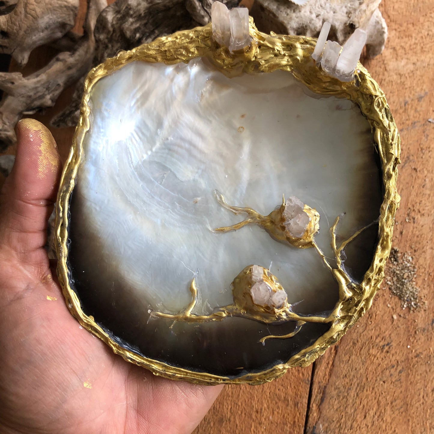 Large Gold Natural Quartz Crystal Shell Trinket Dish With Base