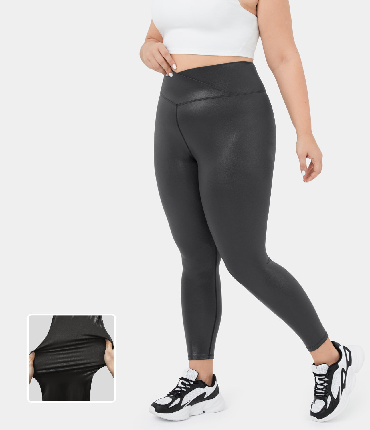 

Halara Softlyzeroв„ў Faux Leather Crossover Back Pocket Foil Print Stretchy Plus Size Yoga Leggings - Shiny Dusk Black