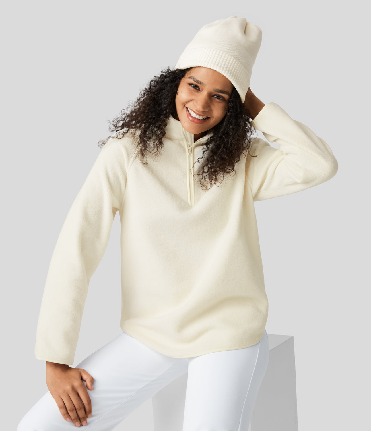 

Halara Stand Collar Half Zip Raglan Sleeve Curved Hem Fleece Casual Sweatshirt - Snow White Oak