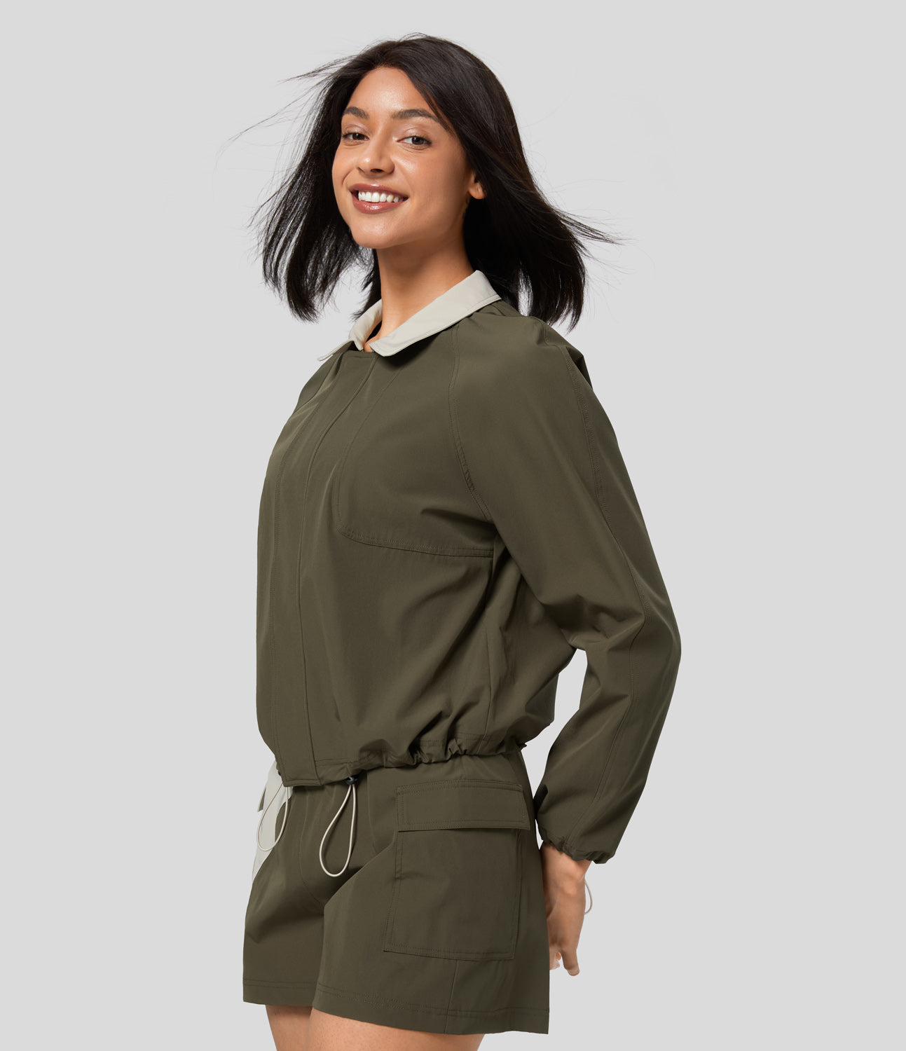 

Halara Collared Raglan Sleeve Zipper Adjustable Drawcord Color Block Hiking Cargo Jacket - Forest Wild Brown