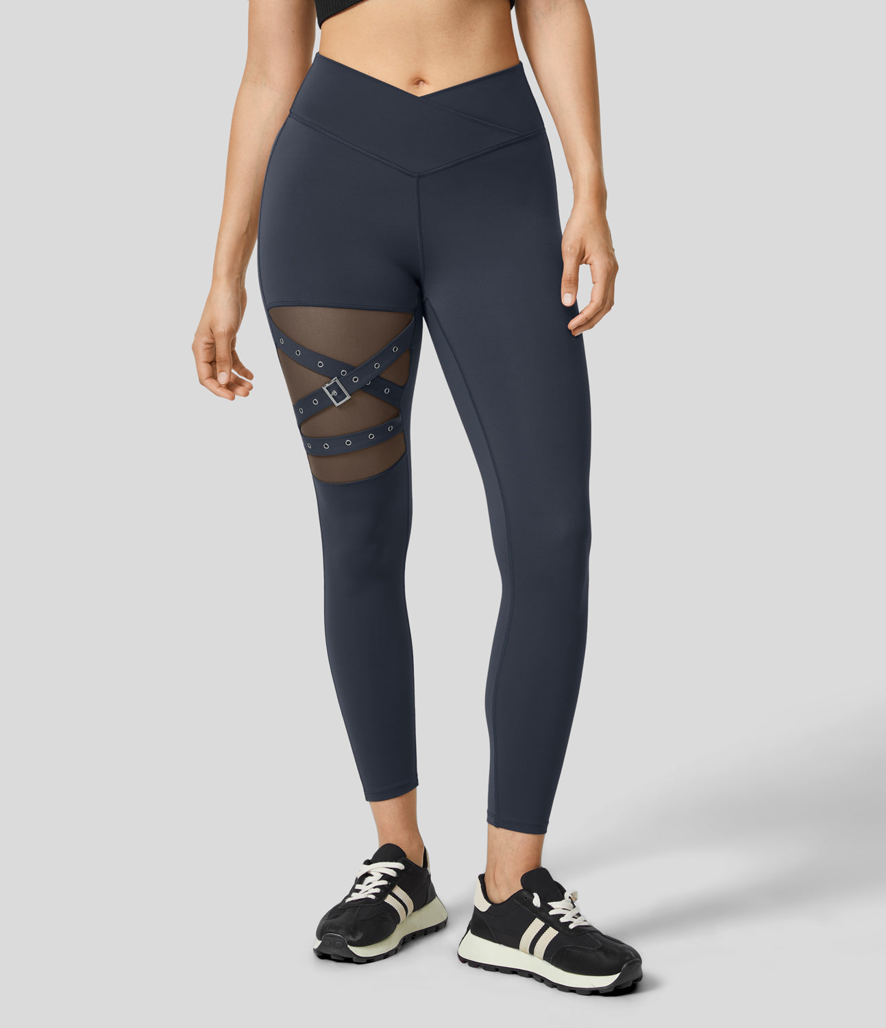 

Halara High Waisted Crossover Contrast Mesh Decorative Buckle Yoga Leggings - Midnight Blue -  gym leggings leggings with pockets