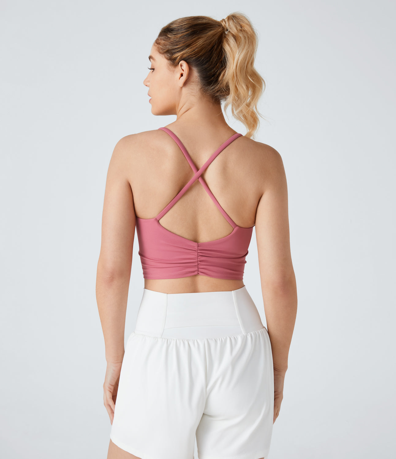 

Halara Backless Crisscross Ruched Skinny Yoga Cami Top Tank Top - Flamingo Plume -  golf tops halter top tunic tops sleeveless tops