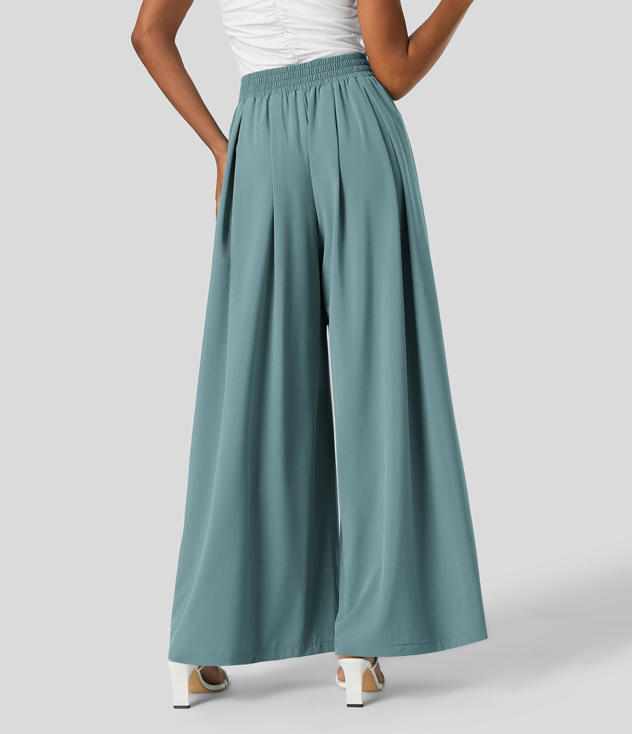 

Halara Breezefulв„ў High Waisted Plicated Side Pocket Shirred Wide Leg Flowy Solid Palazzo Quick Dry Casual Pants - Stone Blue