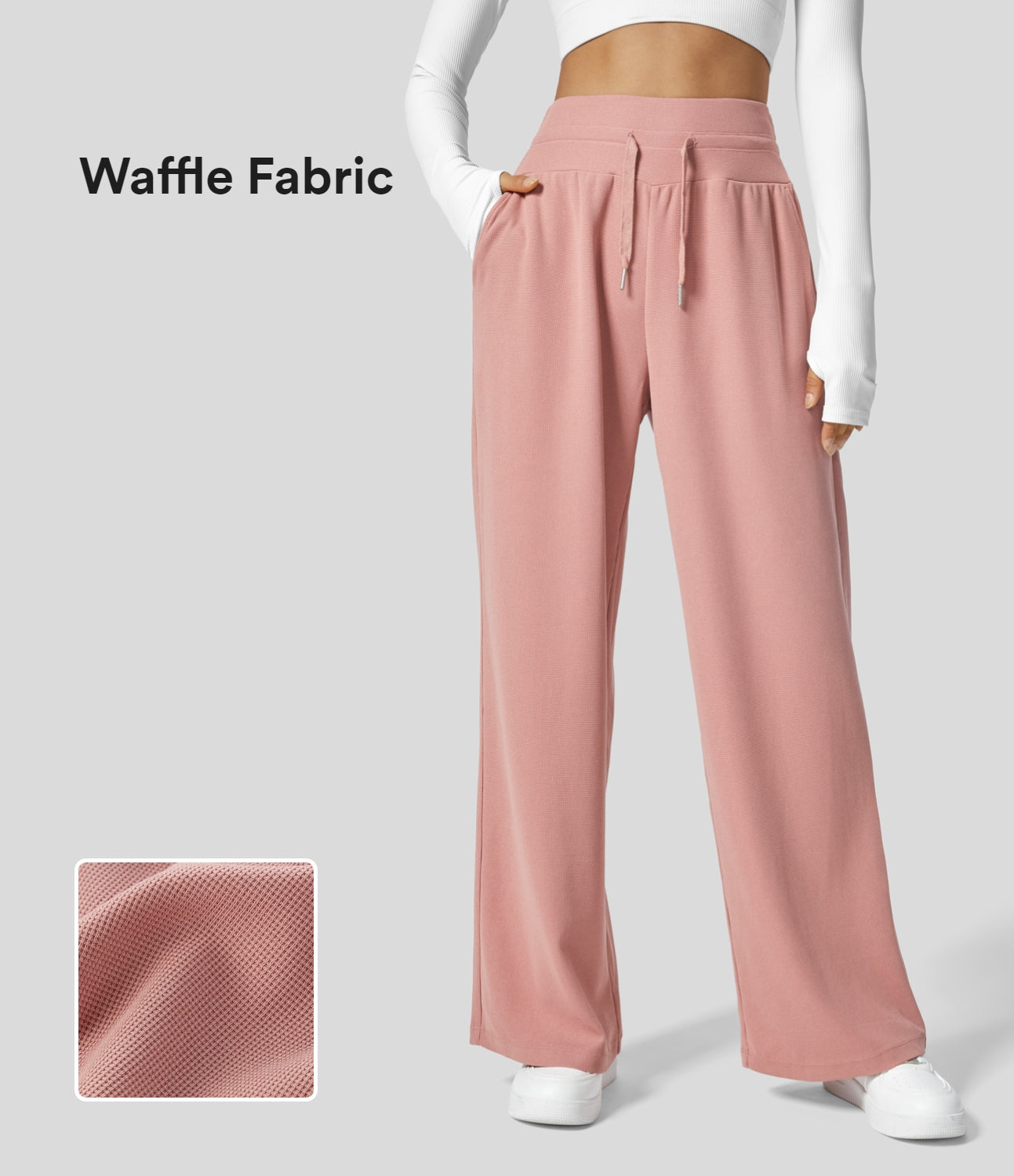 

Halara High Waisted Drawstring Side Pocket Waffle Wide Leg Casual Pants - Rose Tan