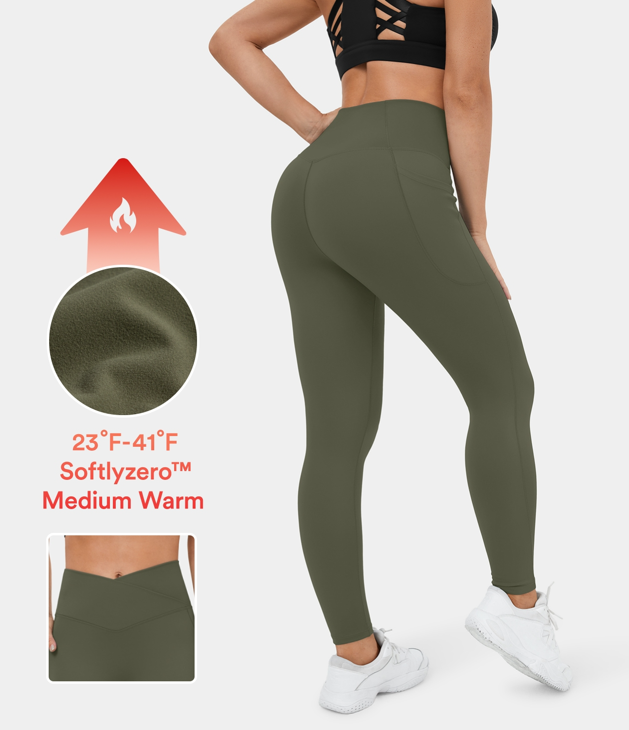 

Halara Softlyzeroв„ў Fleece High Waisted Crossover Side Pocket Yoga Leggings - Grass Grey Green -  gym leggings
