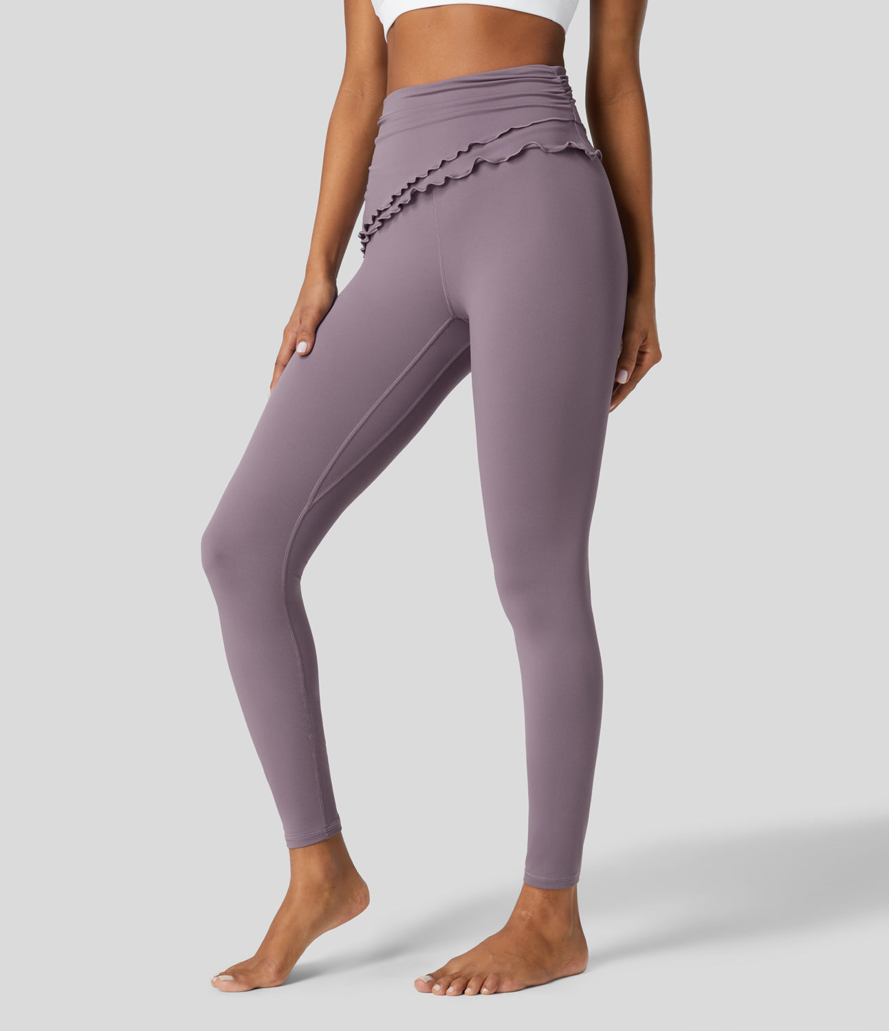 

Halara Softlyzeroв„ў High Waisted Foldover Ruched Lettuce Trim Ankle Length Yoga Leggings-UPF50+ - Black -  gym leggings