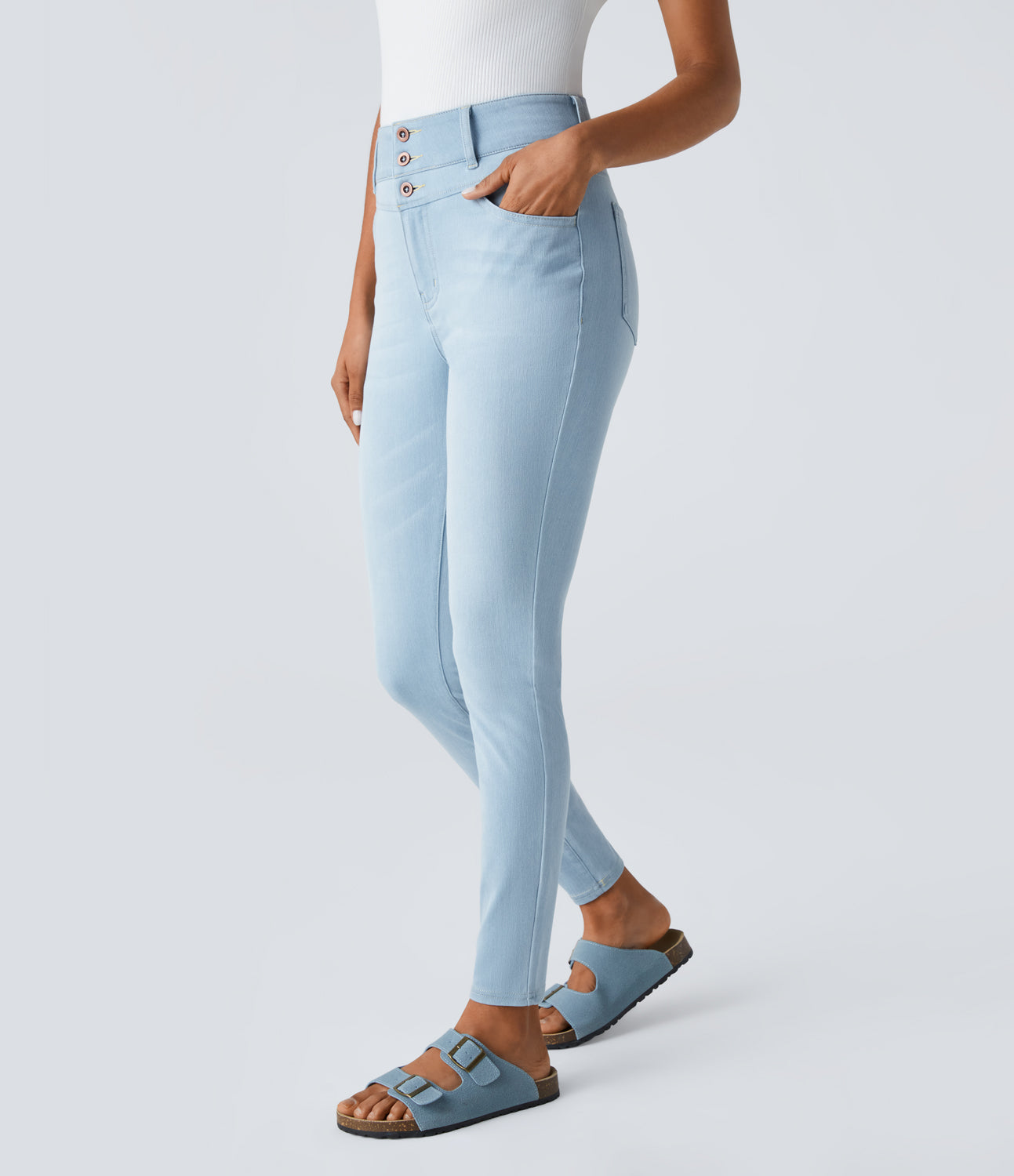 

Halara HalaraMagicв„ў High Waisted Button Zipper Multiple Pockets Stretchy Knit Casual Skinny Jeans - Washed Denim Sunny Blue