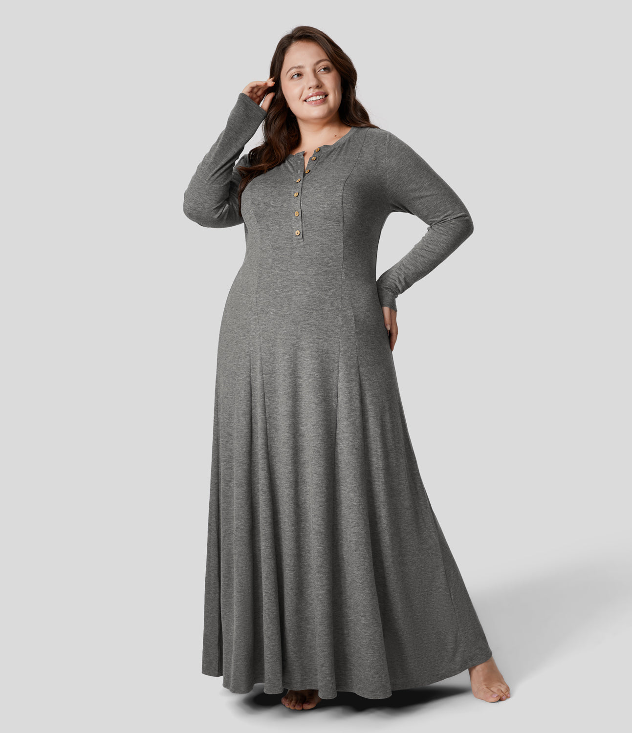 

Halara Round Neck Button Long Sleeve Flare Maxi Casual Plus Size Dress Plus Size Dress - Light Green Floral Yarn