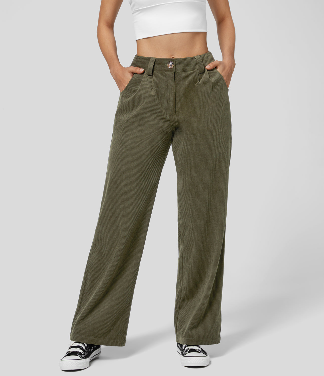 

Halara Mid Rise Button Zipper Multiple Pockets Straight Leg Corduroy Casual Pants - Icy Bamboo Green -  sweatpants jogger pants