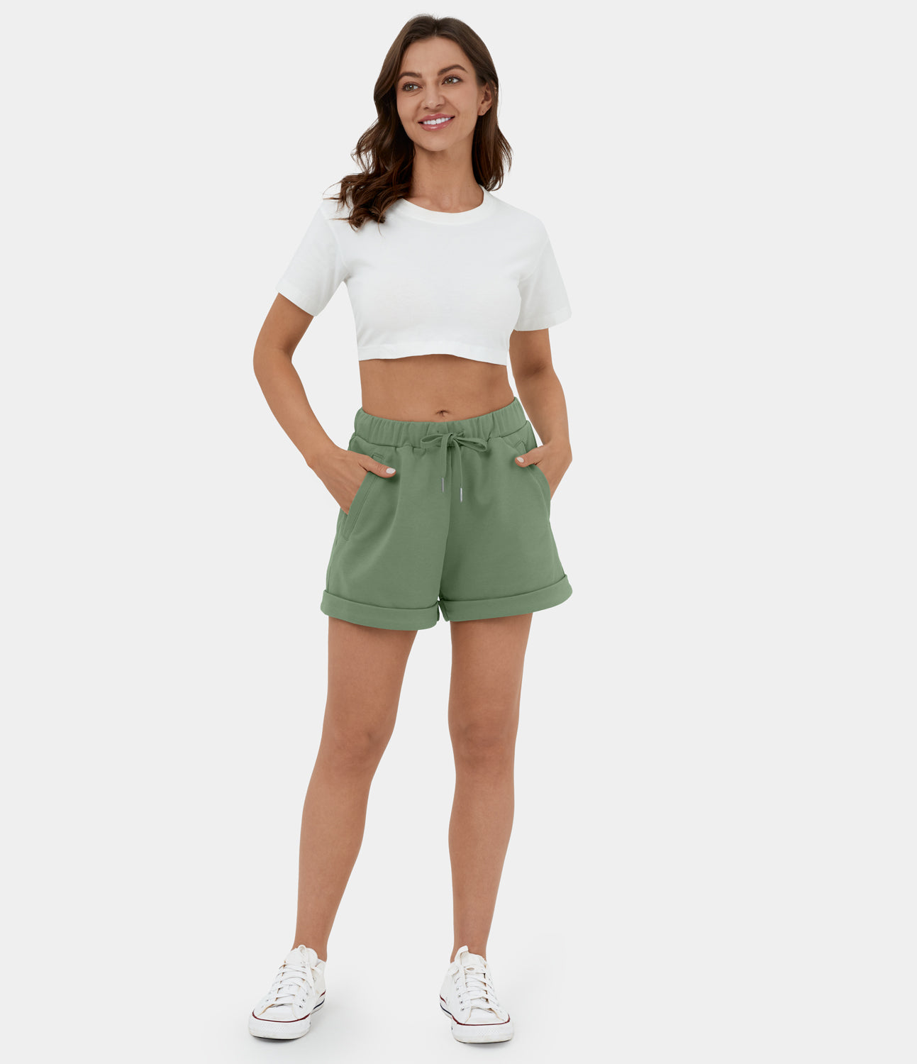

Halara High Waisted Drawstring Side Pocket Rolled Hem Casual Cotton Shorts 3'' Gym Short - Basil -  booty shorts compression shorts