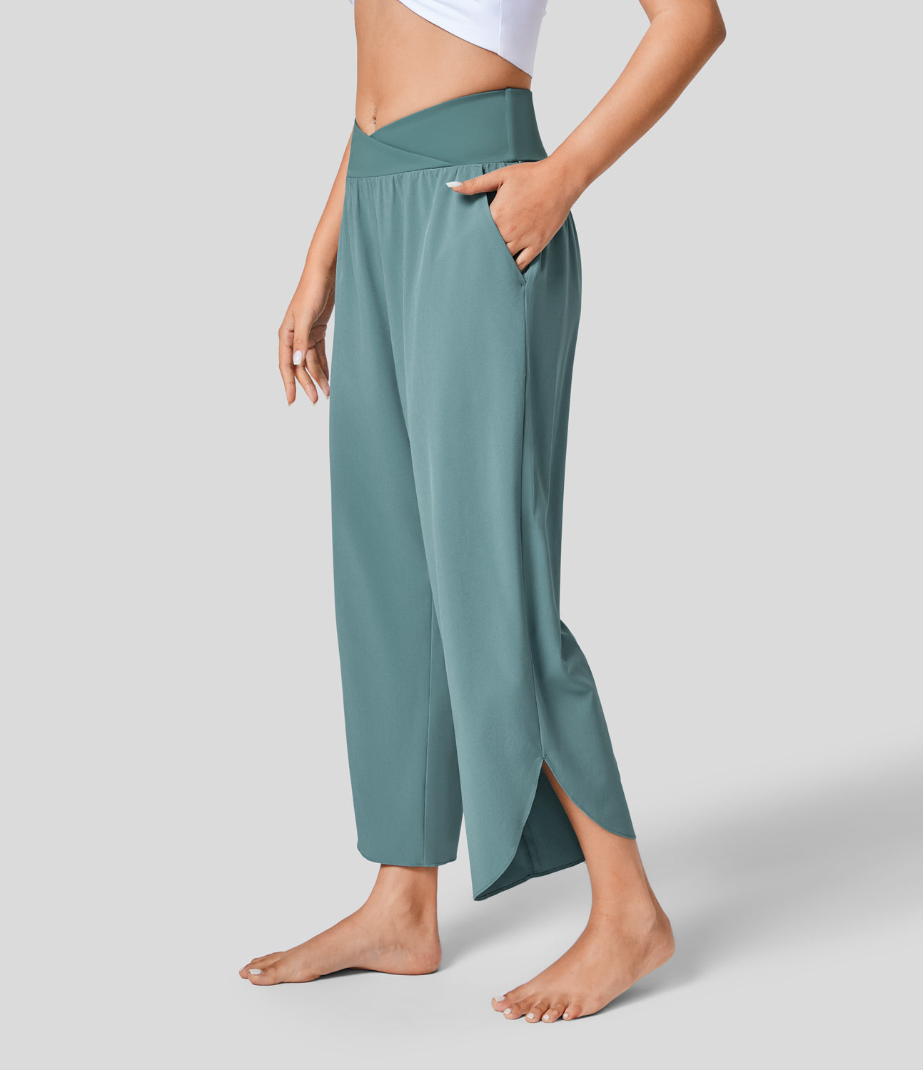

Halara Breezefulв„ў High Waisted Crossover Plicated Side Pocket Split Quick Dry Resort Pants - Blossom