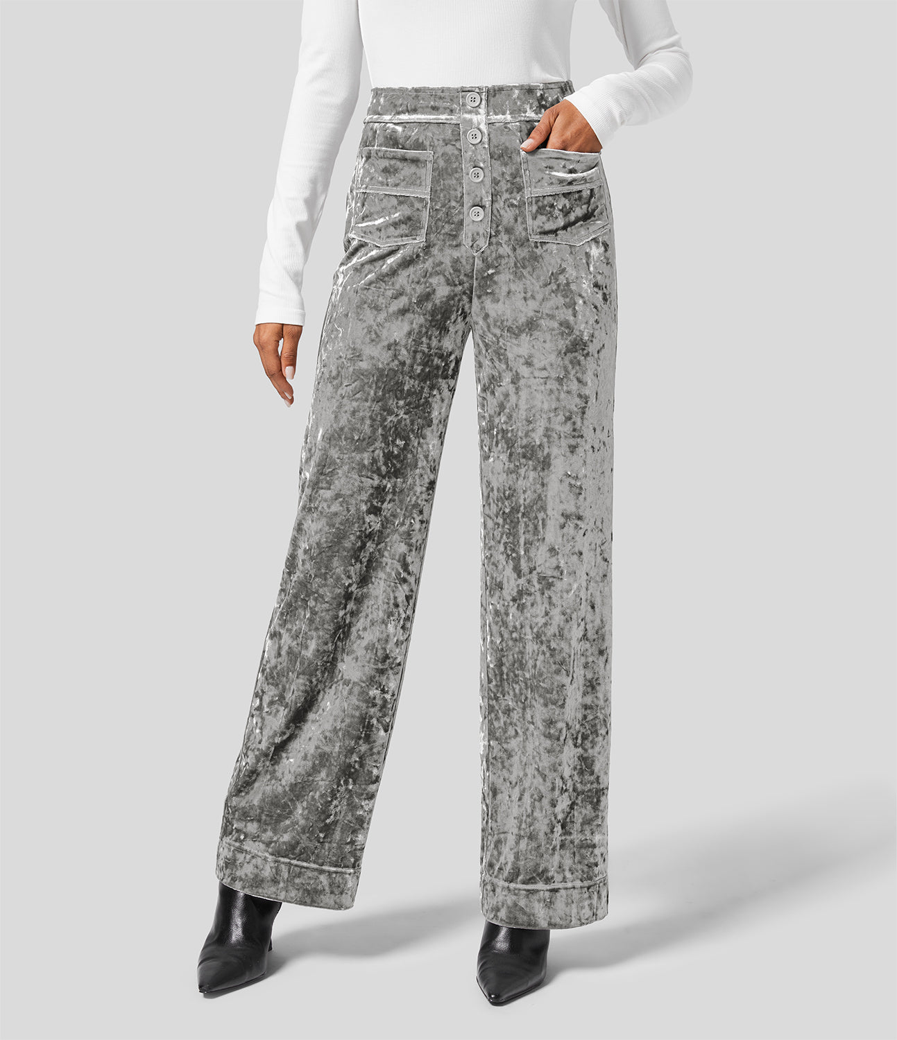 

Halara High Waisted Button Multiple Pockets Straight Leg Velvet Casual Pants - Ultimate Gray -  sweatpants jogger pants