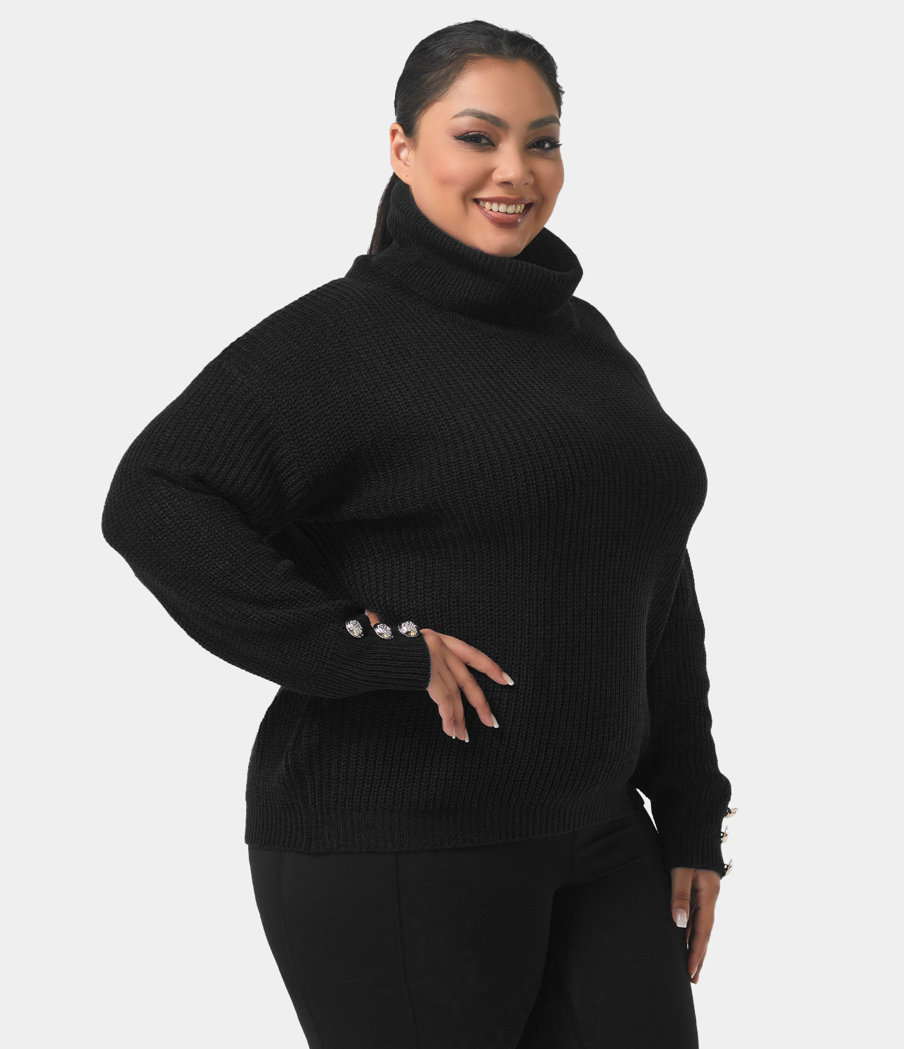 

Halara Rolled Neck Button Knit Plus Size Sweater - White