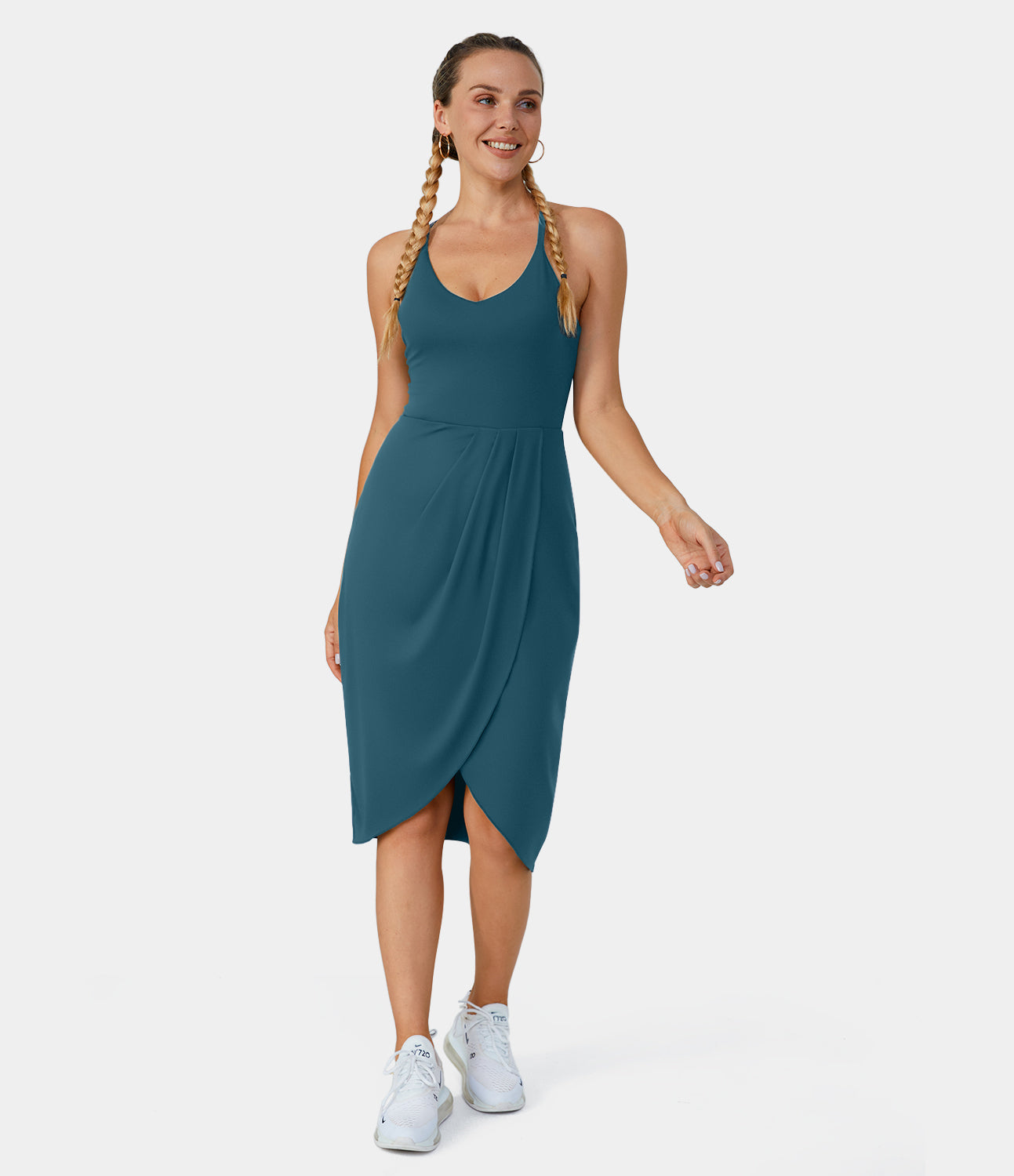 

Halara Backless Racerback Split Asymmetric Hem Ruched Casual Midi Dress-No Liner Shorts Casual Dress - Fig -  slip dress beach dress