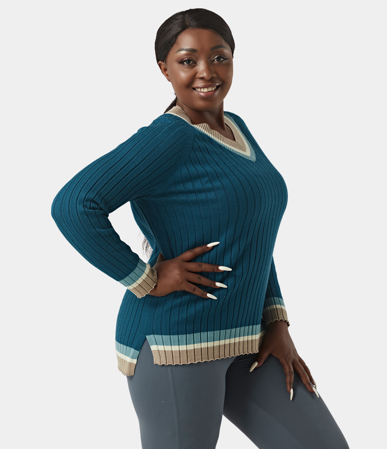 

Halara V Neck Color Block Split Hem Ribbed Plus Size Sweater - Oxford Blue