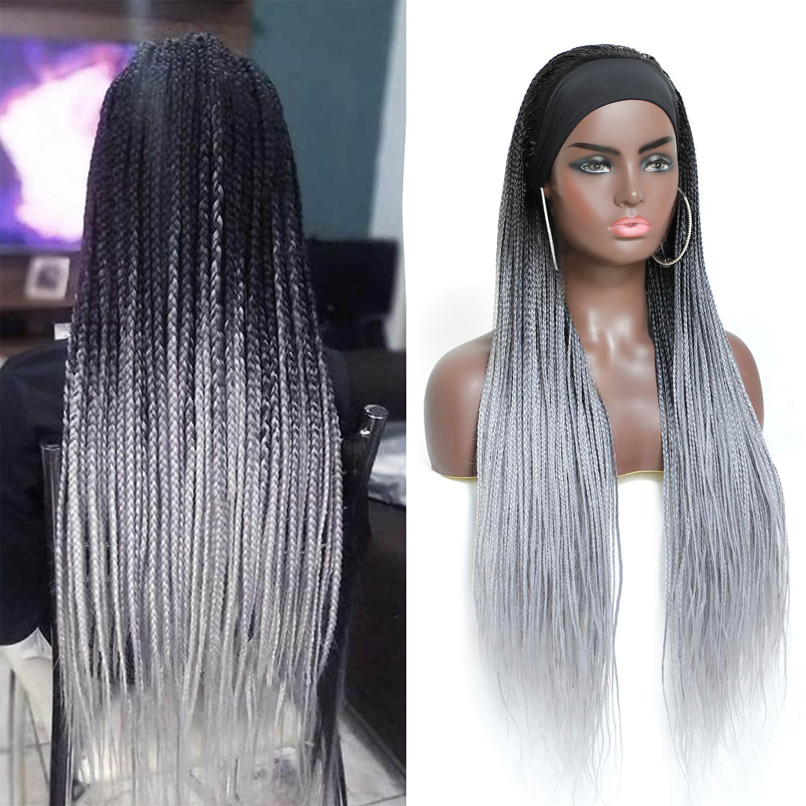 Headband Wigs Box Braided Wigs for Black Women Silver Grey Long Micro  Braids Wig Ombre Gray Color