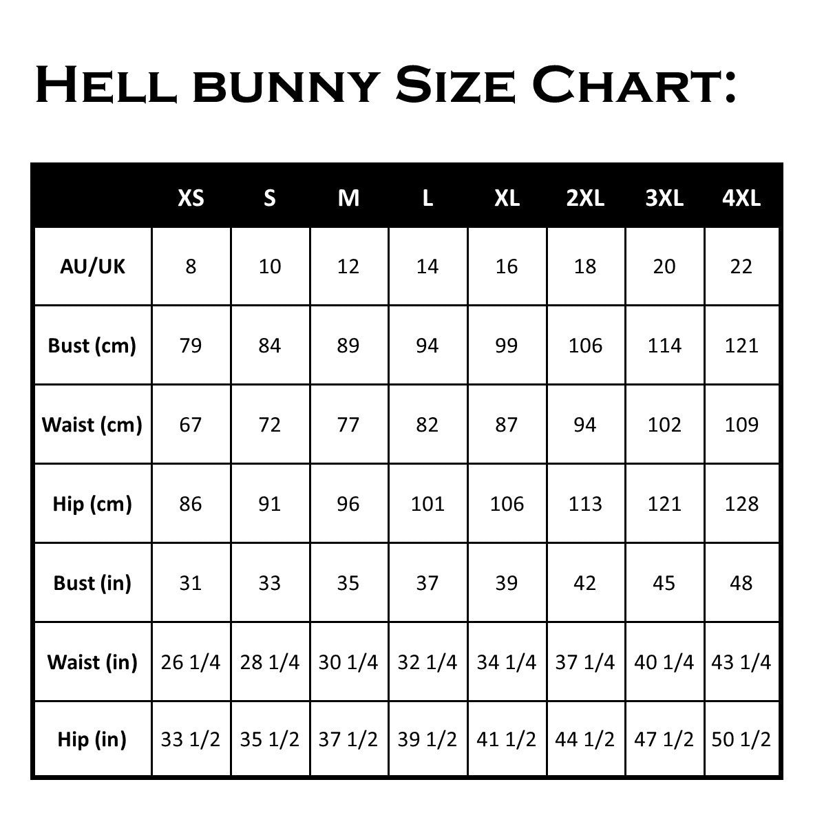 Hell Bunny Skirt Size Chart