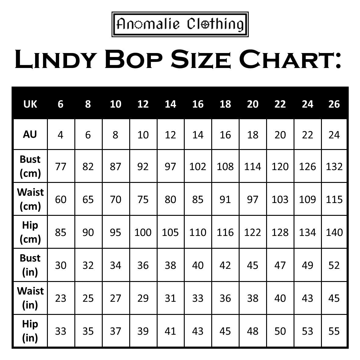 Lindy Bop Size Chart