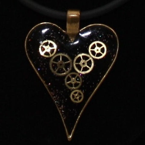 Steampunk Resin and Gears Large Bronze Heart Shaped Pendant on Black Neoprene Necklace