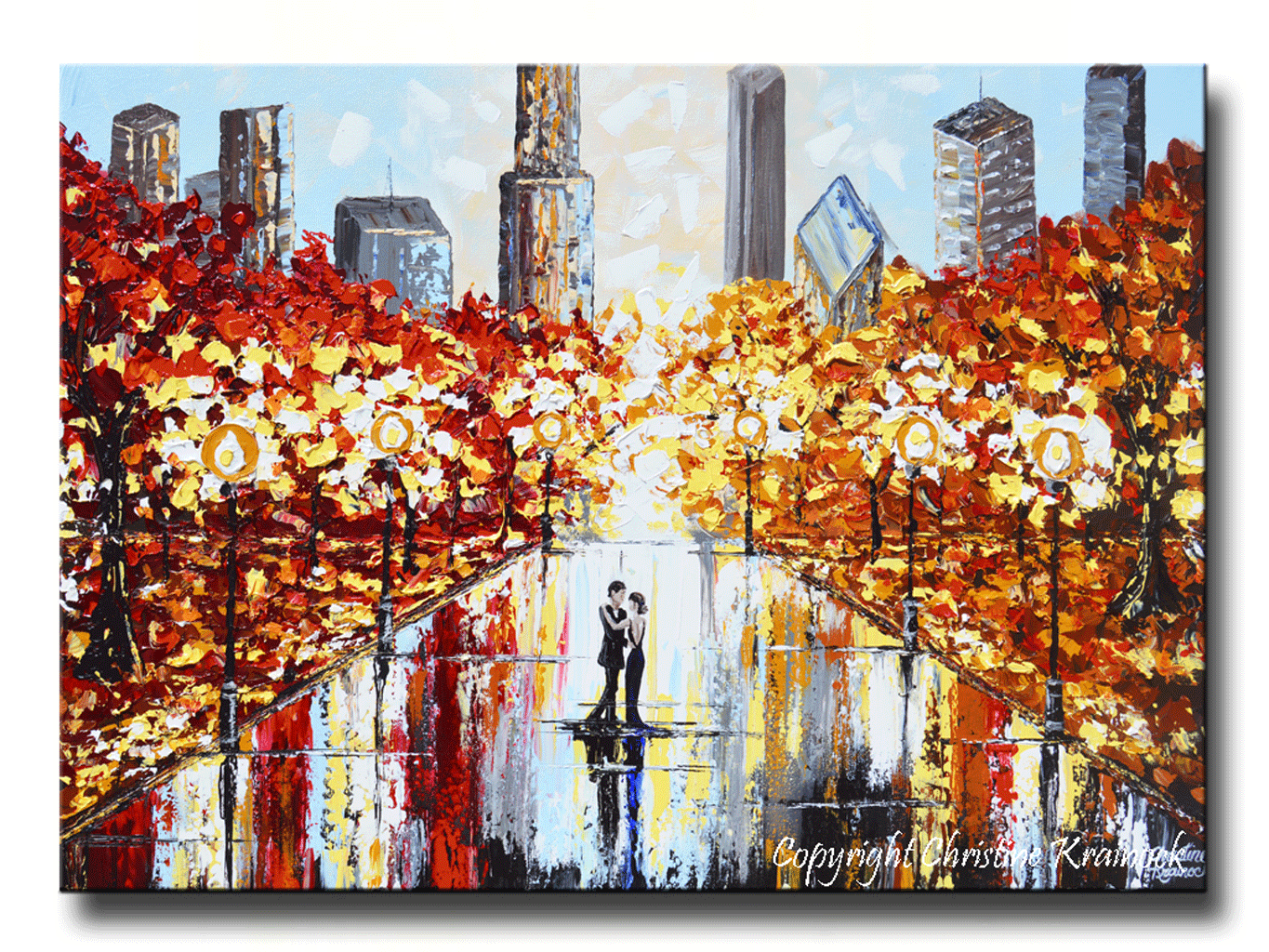 art abstract painting couple umbrella rain city skyline park autumn fall romantic print canvas prints wall art home decor modern artwork red yellow grey christine krainock artist_22bb7dae e63e 4301 a8a5 7a04d6d8d4b0