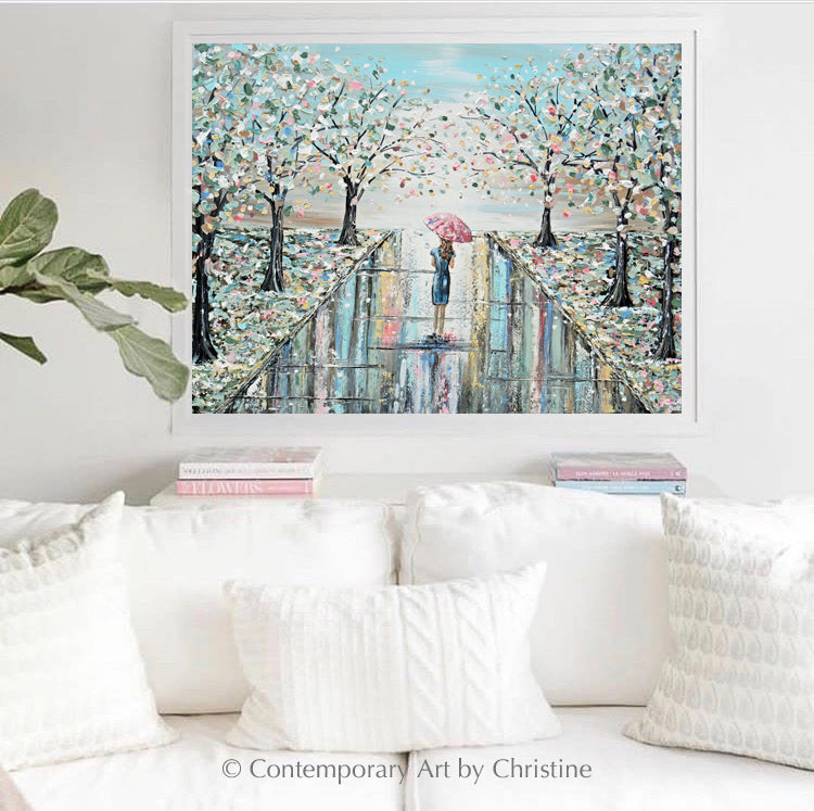 Original Art Abstract Painting Woman W Umbrella Trees Blue Green Pink Contemporary Art By Christine