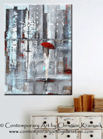 abstract painting girl red umbrella walking in rain city a Trip to Tiffanys palette knife painting grey Tiffany Blue Tiffany & Co  wall decor canvas print