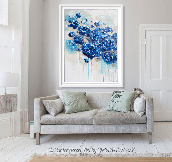 CANVAS PRINT Large Art Blue Abstract Blue White Flowers ...