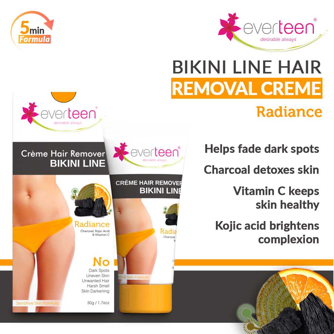 everteen RADIANCE Bikini Line Hair Remover Creme with Charcoal, Kojic Acid  and Vitamin C freeshipping - everteen