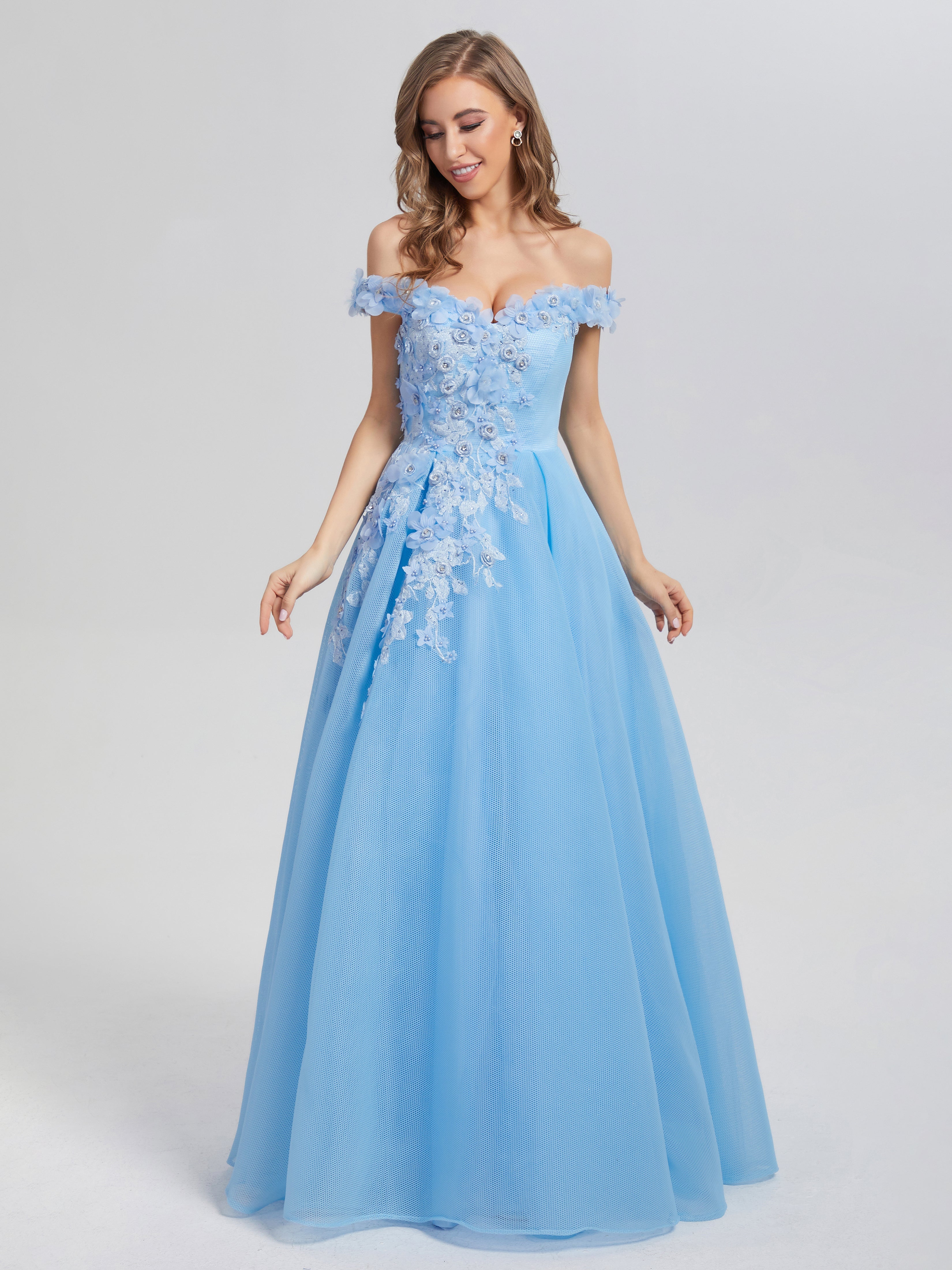 A Line Off The Shoulder Appliques Prom Dresses 5975