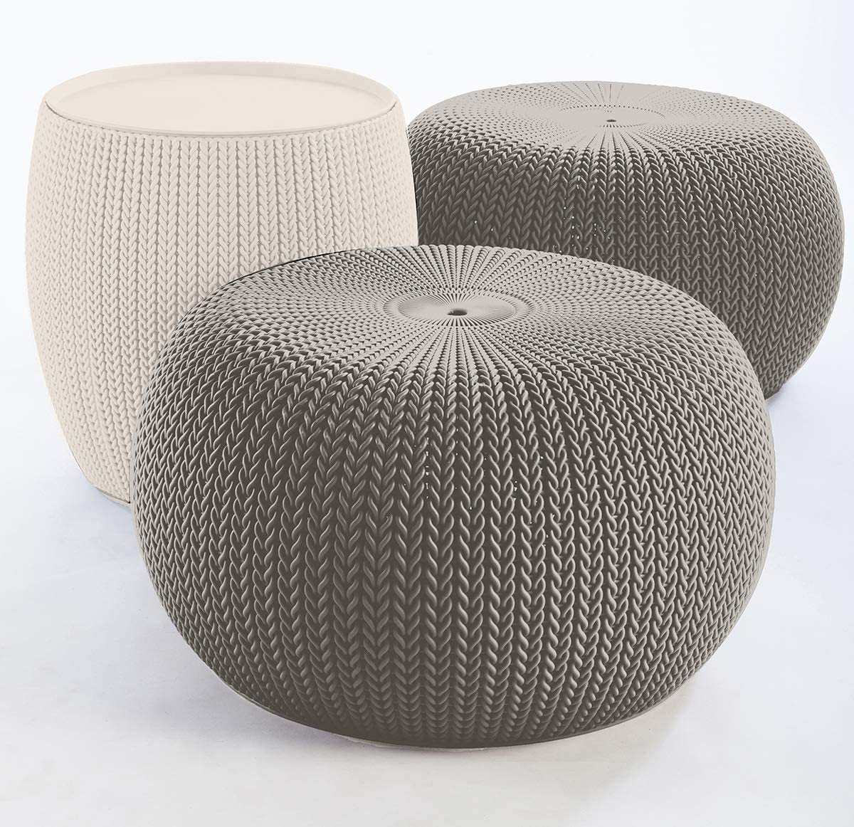 Keter Urban Knit Pouf Ottoman Set of 2 with Storage Table for Patio an