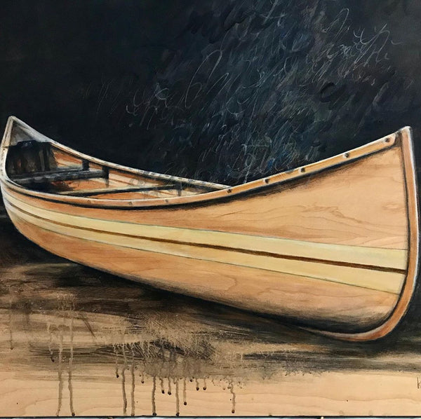 Close up on a painting of a canoe and bird by Karen Tamminga-Patton