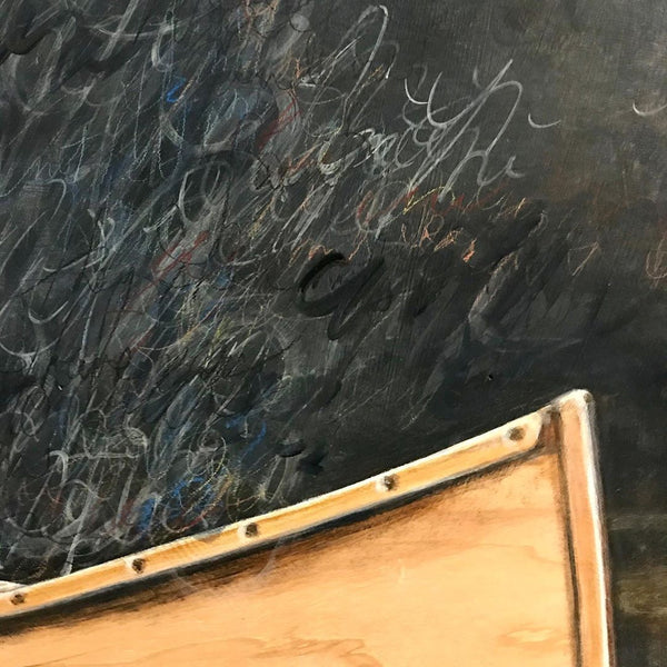 Close up on a painting of a canoe and bird by Karen Tamminga-Patton