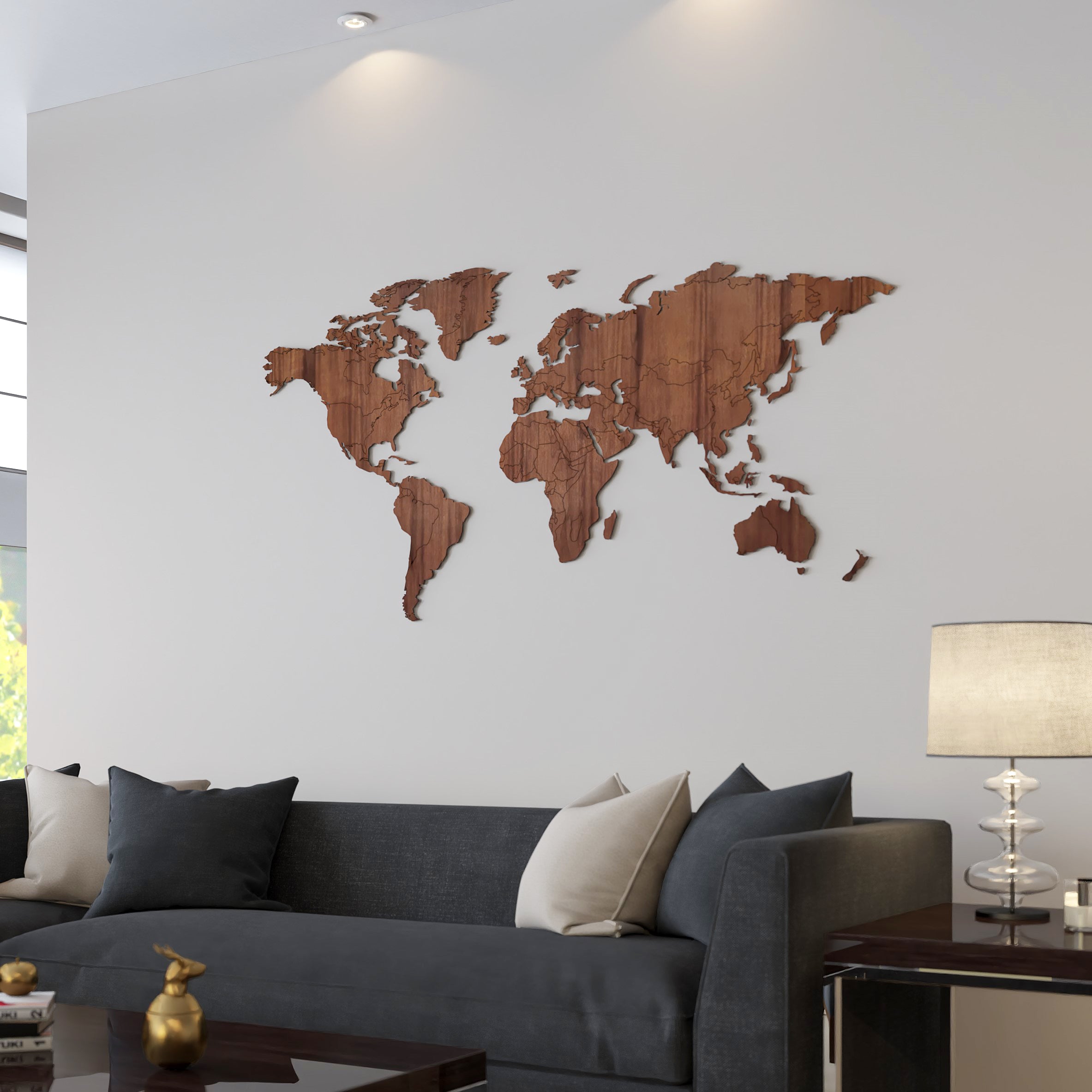 taal Ale Vervelen Wereldkaart hout Amerikaans Notenhout - Wereldkaart Wanddecoratie – Muur Art