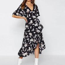 Load image into Gallery viewer, V neck bohemian floral print women sexy dress Elegant sash A line ruffled summer dress Short sleeve holiday dress - London Design Fashion &amp; Accessories
