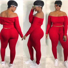 Load image into Gallery viewer, Two Piece Set Autumn Outfits Tracksuit Women Blue Ribbed Striped Slash Neck Short Tops Pencil  Pants - London Design Fashion &amp; Accessories
