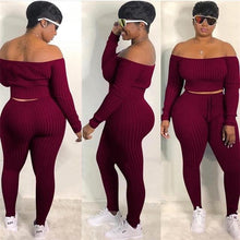 Load image into Gallery viewer, Two Piece Set Autumn Outfits Tracksuit Women Blue Ribbed Striped Slash Neck Short Tops Pencil  Pants - London Design Fashion &amp; Accessories
