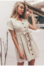 Load image into Gallery viewer, Vintage button women dress shirt V neck short sleeve cotton linen short summer dresses - London Design Fashion &amp; Accessories
