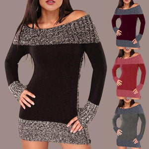 Winter Sweater Women Sexy Off Shoulder Color Block Sweater Dress Buttons Knitted Long Pullover Top - London Design Fashion & Accessories