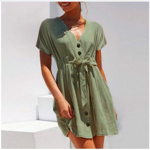 Vintage button women dress shirt V neck short sleeve cotton linen short summer dresses - London Design Fashion & Accessories