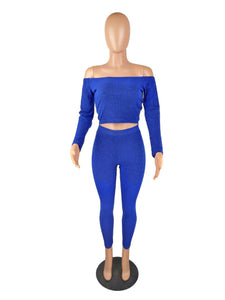 Two Piece Set Autumn Outfits Tracksuit Women Blue Ribbed Striped Slash Neck Short Tops Pencil  Pants - London Design Fashion & Accessories