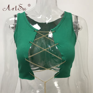 ArtSu Red Black White Metal Chain Sleeveless Crop Top Sexy Clubwear Women Adjustable Lace Up Hollow Out Tank Tops Tees Camisole