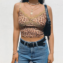 Load image into Gallery viewer, Sweetown Patchwork Lace Edge Leopard Crop Top Women Sleeveless Sexy Party Clubwear V Neck Slim Rave Streetwear Top Tees Harajuku
