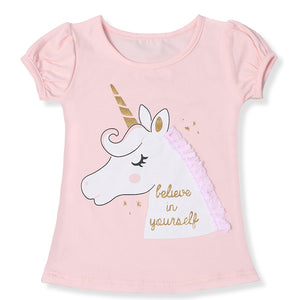 Girls Unicorn T-shirt Children Short Sleeves White Tees Kids Cotton Tops For Girls Clothes 3-8Y