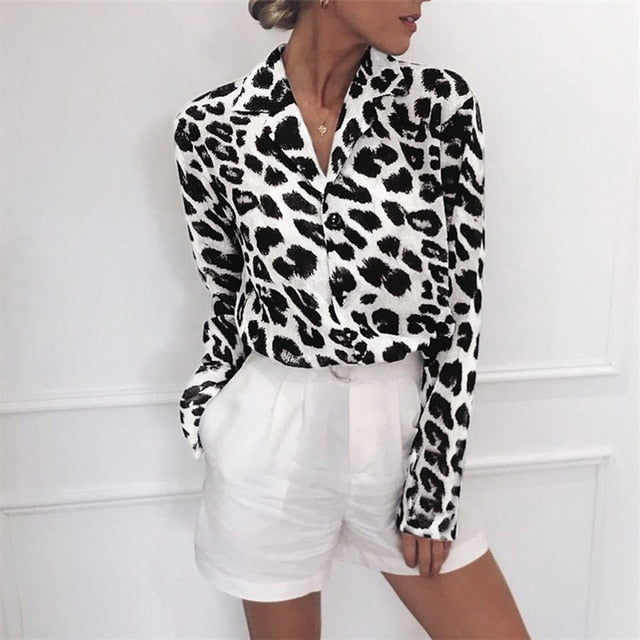 Chiffon Blouse Long Sleeve Sexy Leopard Print Blouse Turn Down Collar Lady Office Shirt Tunic Casual Loose Tops Plus Size Blusas