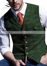 Load image into Gallery viewer, Brown Casual Gentleman Men&#39;s Army Green Vest Plaid Soft Wool Jacket Tweed Business Waistcoat For Best Man Wedding For Party
