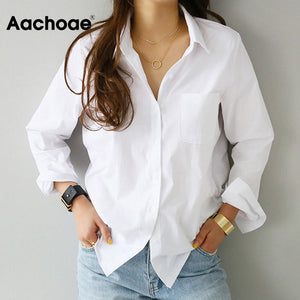 Aachoae Women Casual White Blouses Long Sleeve Office Shirts Turn Down Collar Solid Pocket Shirt Ladies Plus Size Tunic Top