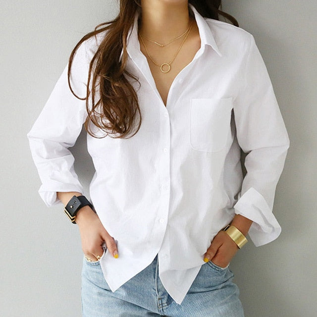 Aachoae Women Casual White Blouses Long Sleeve Office Shirts Turn Down Collar Solid Pocket Shirt Ladies Plus Size Tunic Top