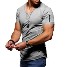 Load image into Gallery viewer, Leisure Slim short-sleeved T-shirt men&#39;s arm zipper T-shirt V-neck men T-shirt Fitness Hip hop T-shirt large
