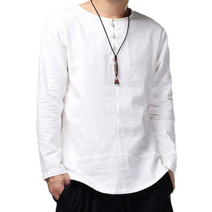 Men Spring Casual Solid Color Long Sleeve Cotton Loose Pullover Shirt